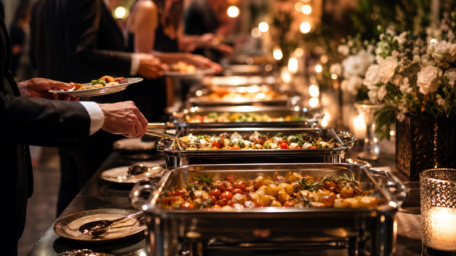 Langes Buffet mit warmen Speisen in Chafing Dishes, Gäste bedienen sich