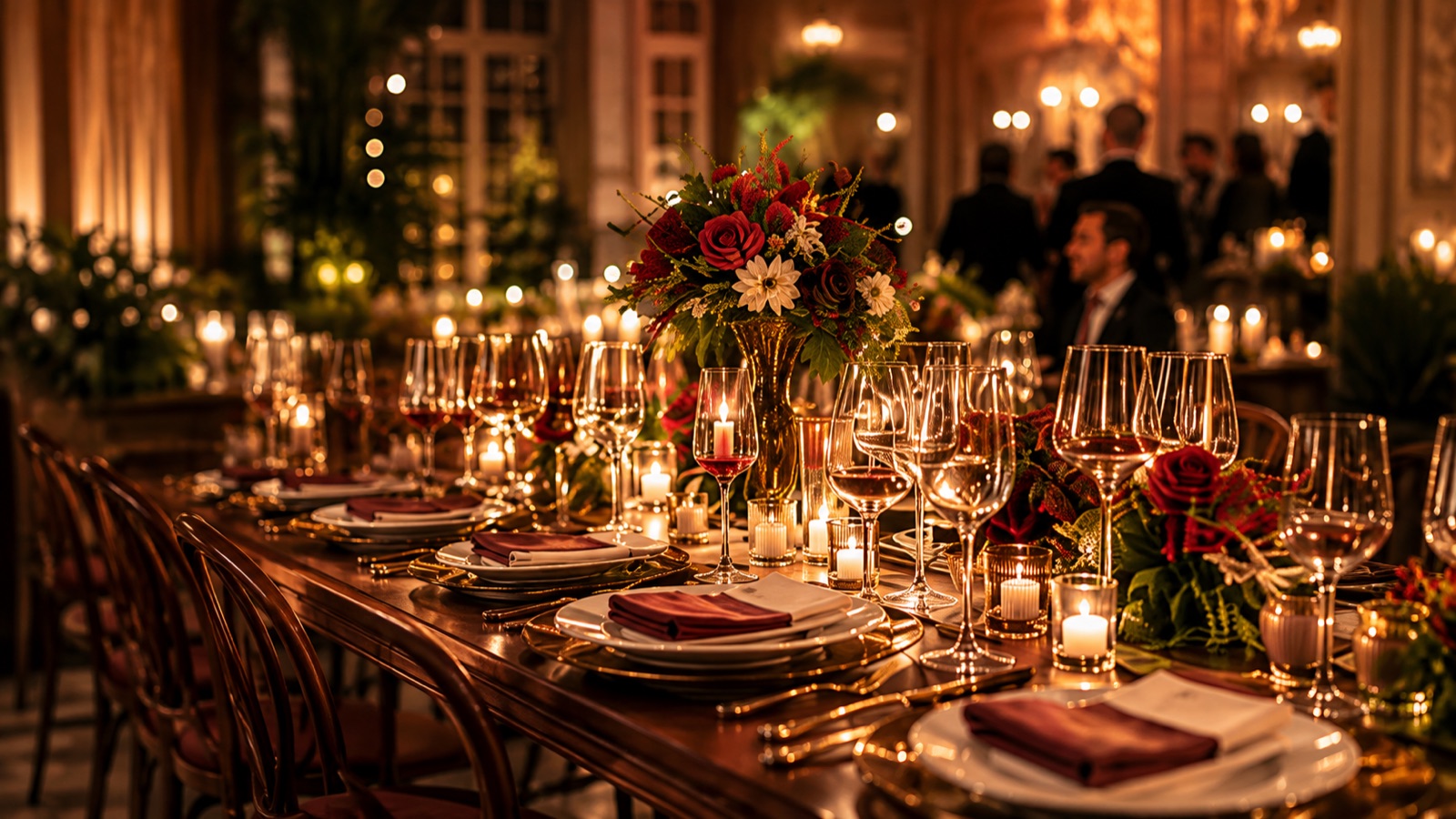 Festlich gedeckte Tafel mit Kerzen, Blumen und Weingläsern bei einem Abendempfang