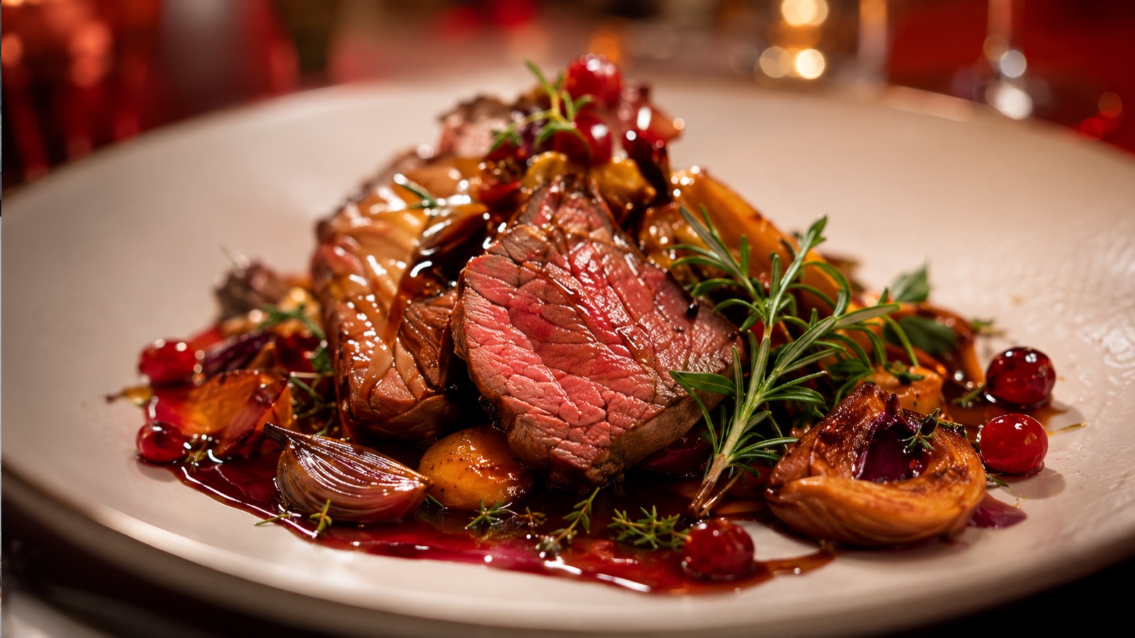 Angerichteter Hauptgang mit Rinderfilet, Schalotten und Rosmarin