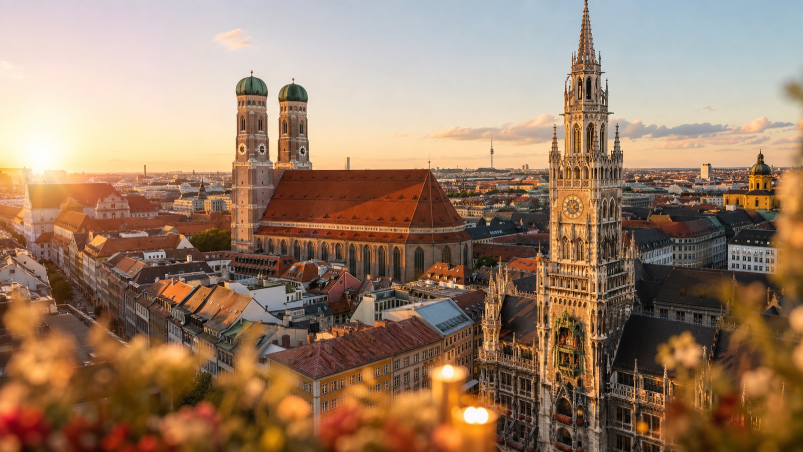 Münchner Altstadt mit Frauenkirche und Rathausturm im Abendlicht