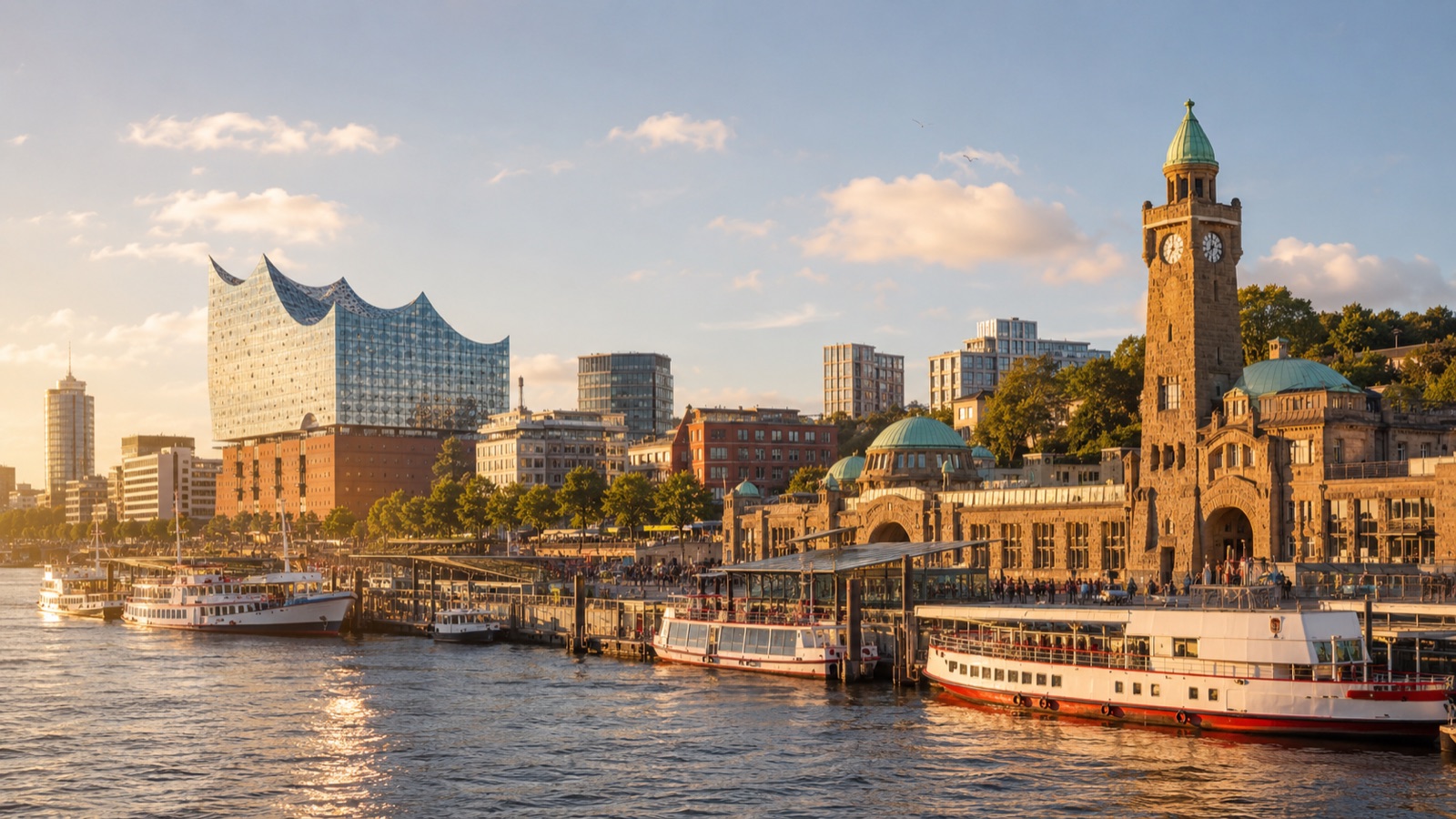 Hamburger Landungsbrücken mit Elbphilharmonie im Sonnenlicht