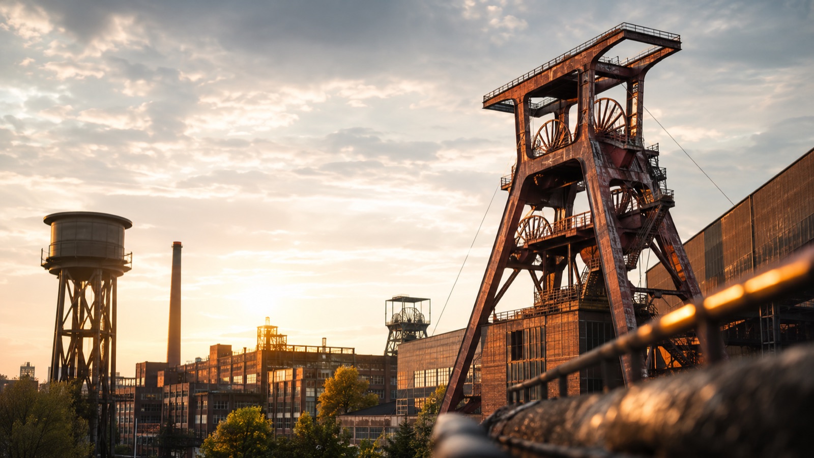 Fördergerüst der Zeche Zollverein im Ruhrgebiet bei Sonnenuntergang