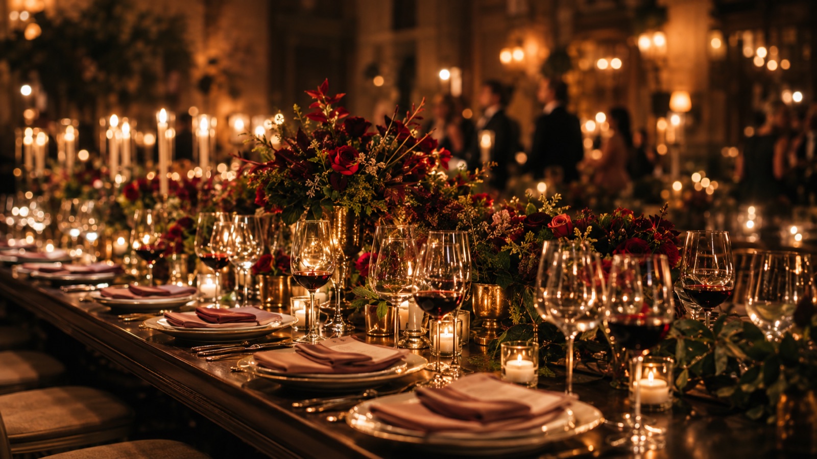 Lange festliche Tafel mit Kerzenleuchtern und roter Blumendekoration